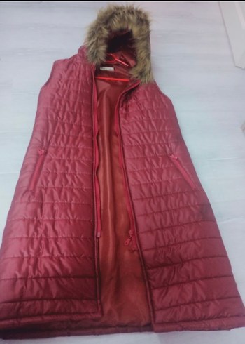 American Vintage kırmızı bordo Fermuarlı Uzun Kadın Yelek mont şişme