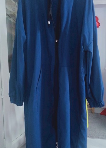 Kadın Lacivert Kapüşonlu Uzun Fermuarlı Yağmurluk - Görsel 3