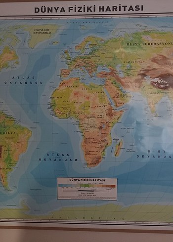 Dünya fiziki ve siyasi haritası arkalı önlü 100x70 cm