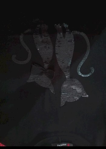 Siyah Örgü Kedi Desenli Tişört - Görsel 2