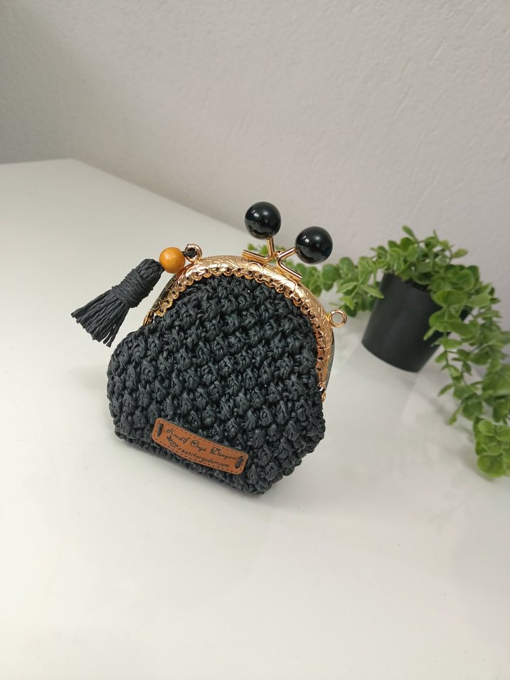 Siyah Örgü Kadın Cüzdan Püsküllü - Görsel 2