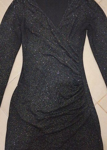 Drapeli Siyah V Yaka Mini Elbise - Görsel 2