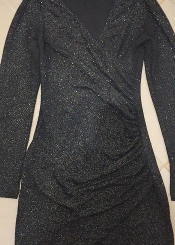 Drapeli Siyah V Yaka Mini Elbise - Görsel 5