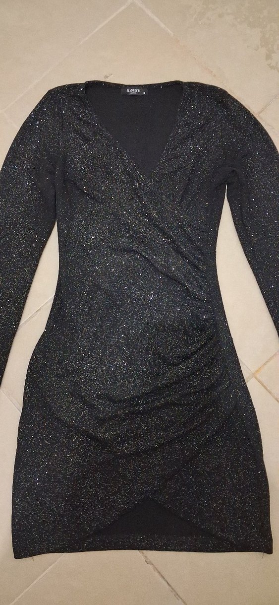 Drapeli Siyah V Yaka Mini Elbise - Görsel 2