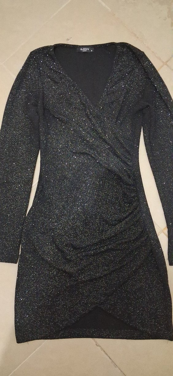 Drapeli Siyah V Yaka Mini Elbise - Görsel 5