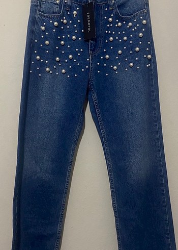 İnci Detaylı Mavi Kadın Denim Pantolon - Görsel 2