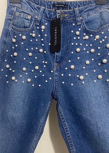 İnci Detaylı Mavi Kadın Denim Pantolon - Görsel 3