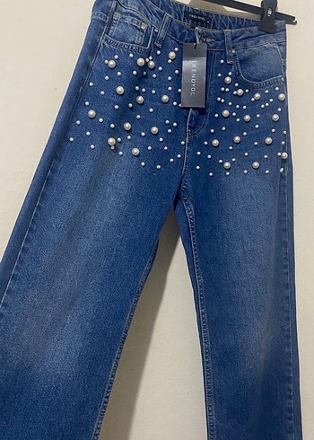 İnci Detaylı Mavi Kadın Denim Pantolon - Görsel 5