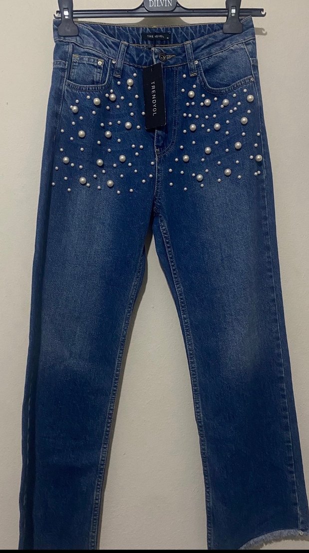 İnci Detaylı Mavi Kadın Denim Pantolon - Görsel 2