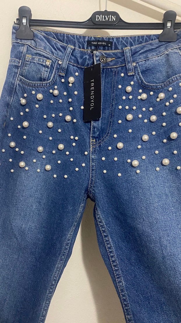 İnci Detaylı Mavi Kadın Denim Pantolon - Görsel 3