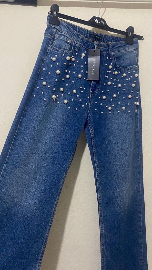 İnci Detaylı Mavi Kadın Denim Pantolon - Görsel 5