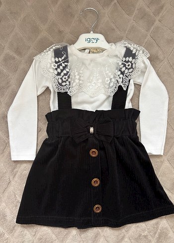 Dantel Detaylı Siyah Askılı Kız Elbisesi / Salopet takım - Görsel 2