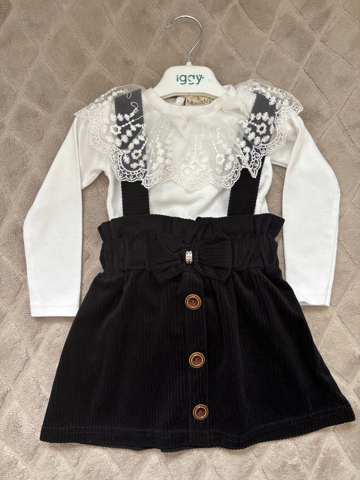 Dantel Detaylı Siyah Askılı Kız Elbisesi / Salopet takım - Görsel 2