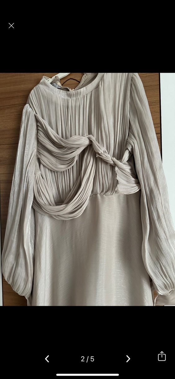 Bej Kadın Uzun Drapeli Abiye Elbise - Görsel 2