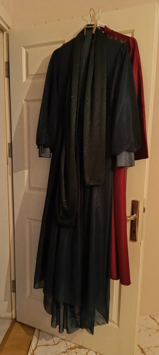 Bordo Uzun Kollu İşlemeli Kadın Abiye Elbise - Görsel 3