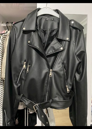 Kemerli Siyah Deri Biker Ceket