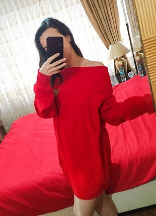 Bershka Kırmızı omuzları açık triko elbise