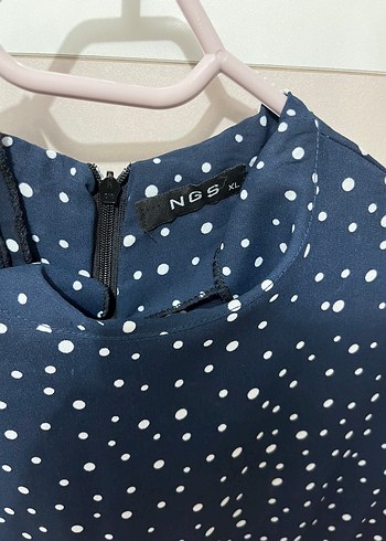 Uzun Kollu Puantiyeli Lacivert  Elbise - Görsel 2