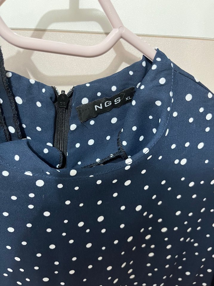 Uzun Kollu Puantiyeli Lacivert  Elbise - Görsel 2