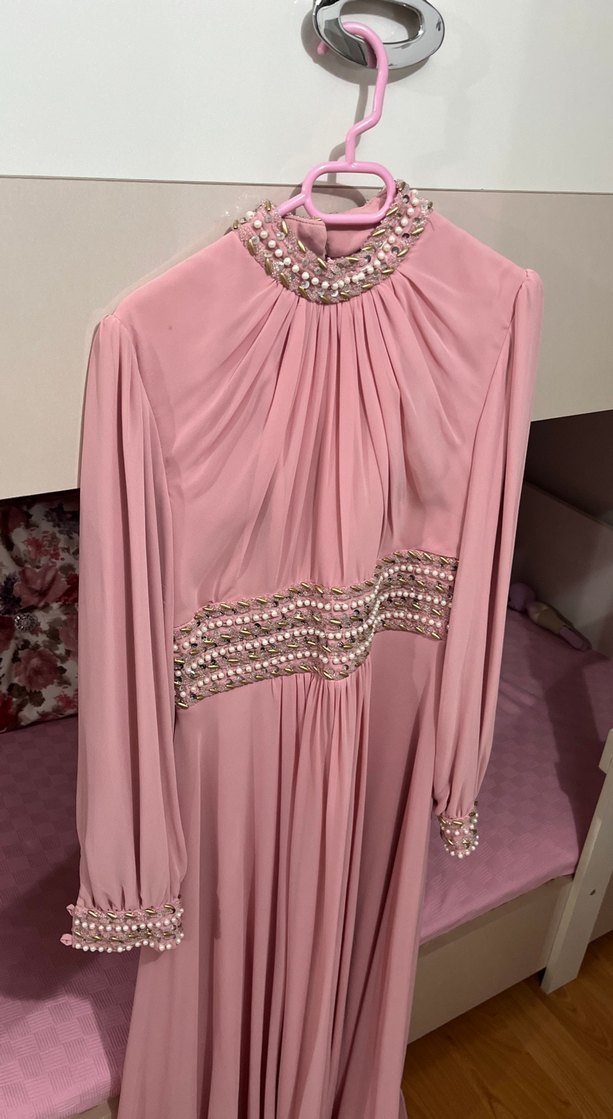 Pembe İşlemeli Uzun Kollu Abiye - Görsel 2