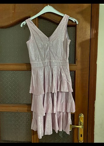 Pembe Mini V Yaka Kolsuz Fırfırlı Elbise