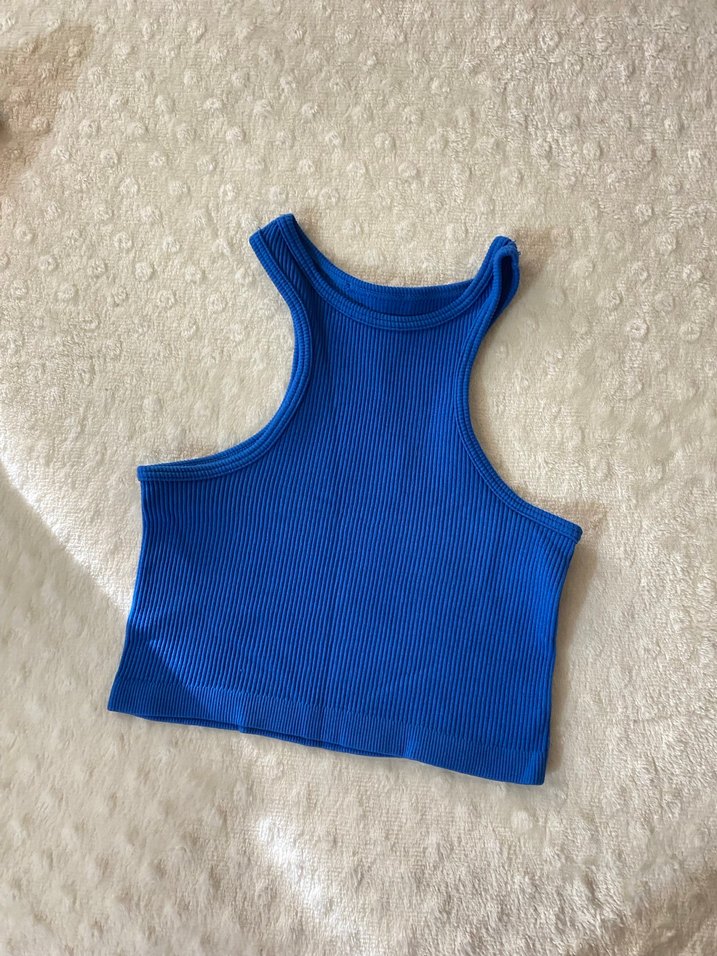 Kadın Mavi sıfır kol crop - Görsel 2