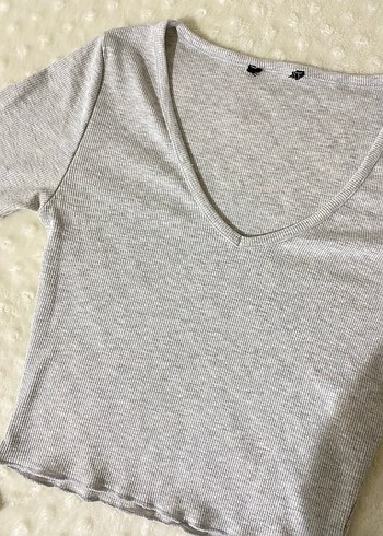 Gri V Yaka Uzun Kollu bluz - Görsel 2
