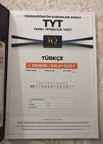 Beden IQ Yayınları TYT Türkçe 10 Deneme Kitabı