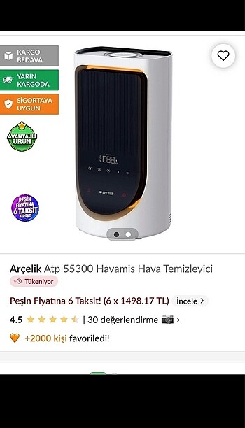Arçelik hava temizleyici