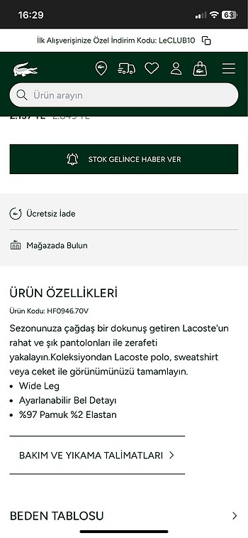 38 Beden Lacoste wide leg pantolon