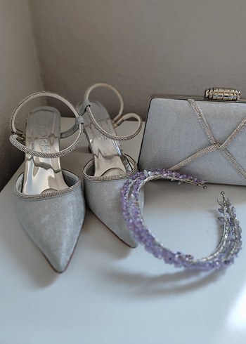 Mor Straplez Uzun nişan Elbisesi ,ayakkabısı çantası ve tacı - Görsel 5