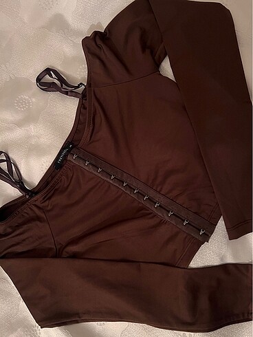 xs Beden kahverengi korse görünümlü crop