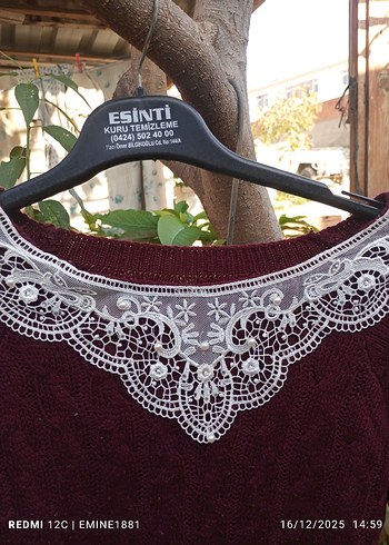 Bordo Dantel Yaka Triko Kadın Kazak - Görsel 3