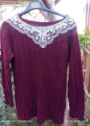 Bordo Dantel Yaka Triko Kadın Kazak - Görsel 2