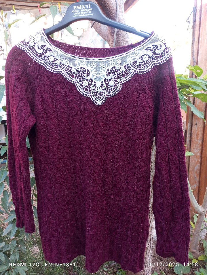 Bordo Dantel Yaka Triko Kadın Kazak - Görsel 2