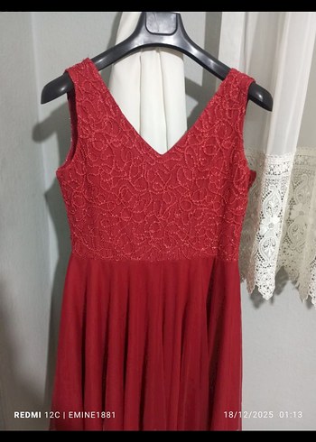 Kırmızı Dantelli Mini Abiye Elbise - Görsel 3