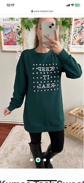 xl Beden Oysho kumaş taşlı sweat zümrüt yeşili