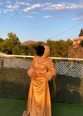 Bej Uzun Kollu Drapeli Abiye Elbise - Görsel 3