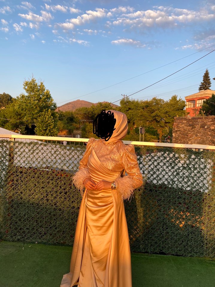 Bej Uzun Kollu Drapeli Abiye Elbise - Görsel 3