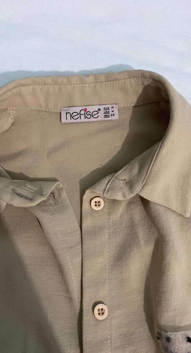 Bej Kadın Keten Düğmeli Gömlek - Görsel 2