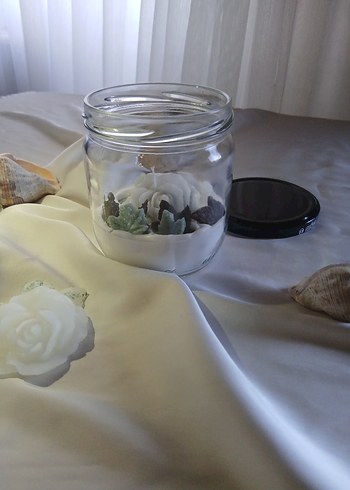 Beyaz Gül Tasarımlı Mum ve Cam Kavanoz - Görsel 4