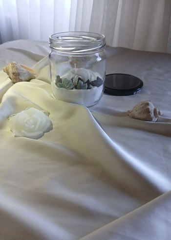 Beyaz Gül Tasarımlı Mum ve Cam Kavanoz - Görsel 3