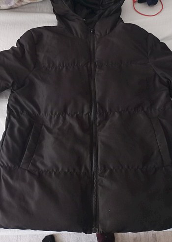 Siyah Midi Kadın Mont Fermuarlı Kapüşonlu - Görsel 4