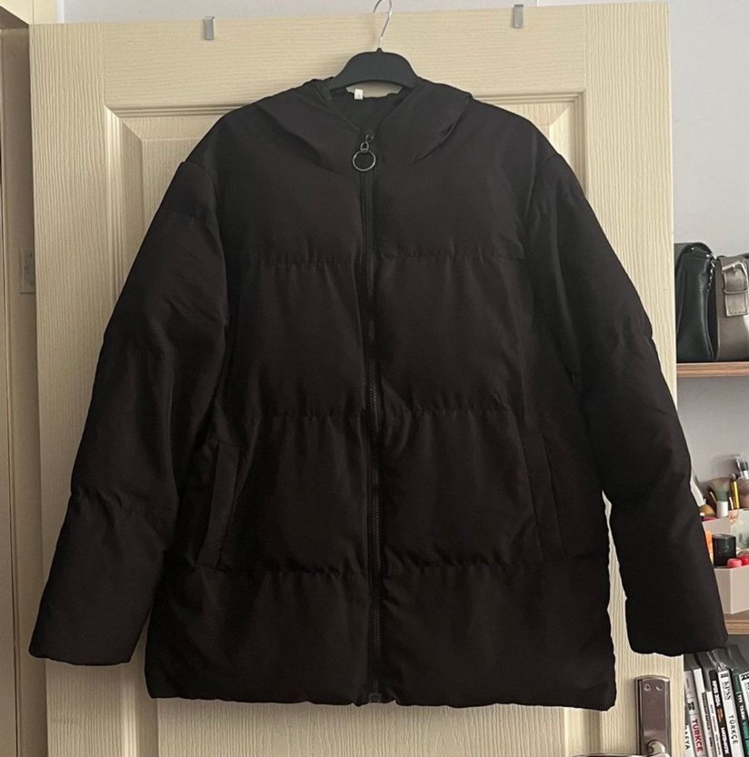 Siyah Midi Kadın Mont Fermuarlı Kapüşonlu - Görsel 2