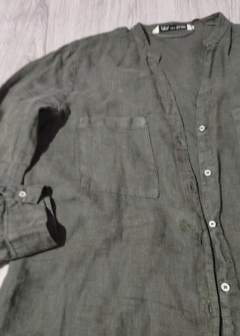 Gri Keten Düğmeli Uzun Kollu Kadın Gömlek - Görsel 4