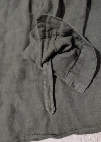 Gri Keten Düğmeli Uzun Kollu Kadın Gömlek - Görsel 6