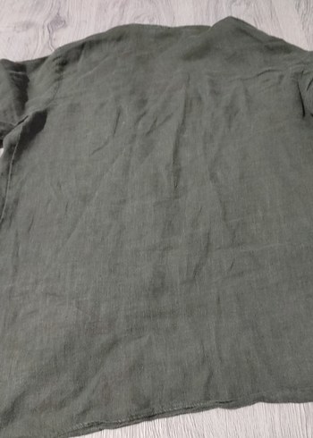 Gri Keten Düğmeli Uzun Kollu Kadın Gömlek - Görsel 5