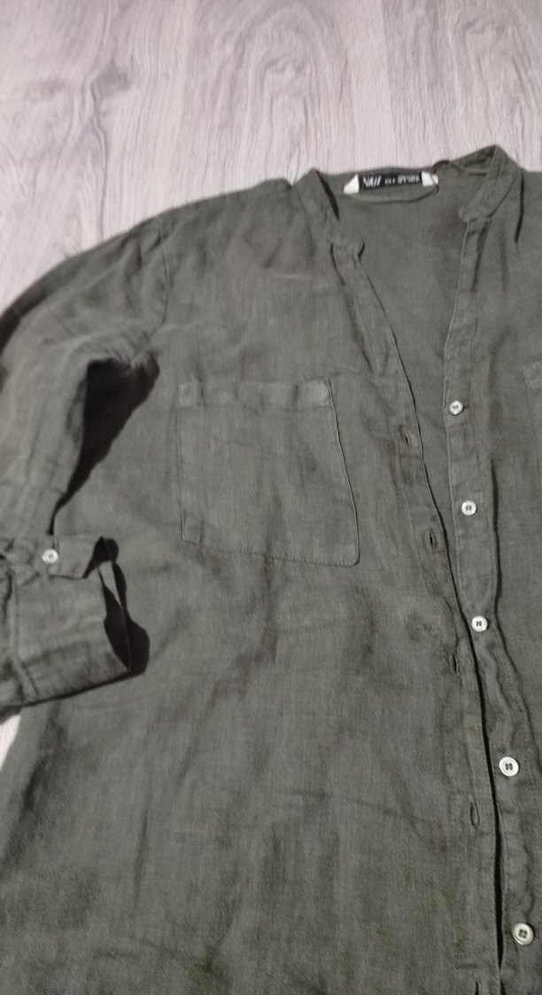 Gri Keten Düğmeli Uzun Kollu Kadın Gömlek - Görsel 4