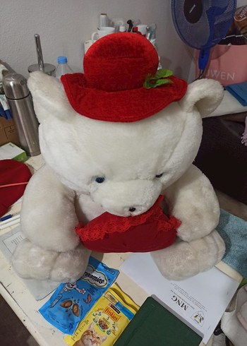 Kırmızı Şapkalı Beyaz Peluş Ayı Oyuncak - Görsel 3