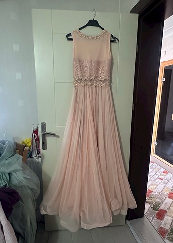 Bej Dantel Detaylı Uzun Abiye Elbise - Görsel 2